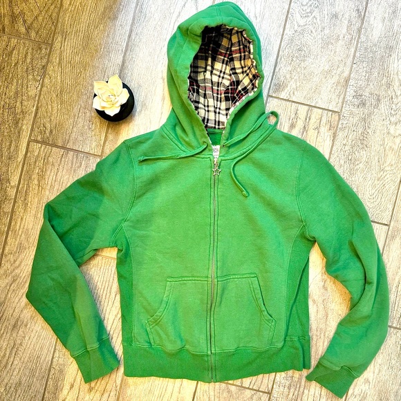 California Reflex Green Star Zip Hoodie with Black White Red Plaid Hood Lining - Picture 4 of 8